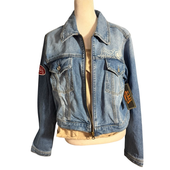 Size XL Von Dutch Blue Denim Jean Jacket with Red Logo XL Red Logo Patch Y2K - Picture 6 of 10